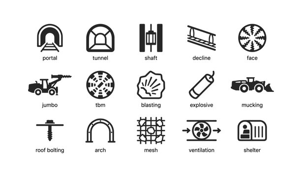 Mining and tunnelling icons for underground excavation safety