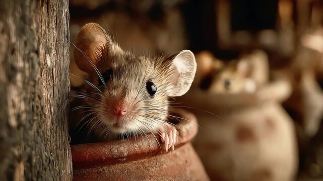 A curious mouse peeks from a rustic clay pot, creating a cozy, inquisitive mood perfect for nature or animal-themed content.