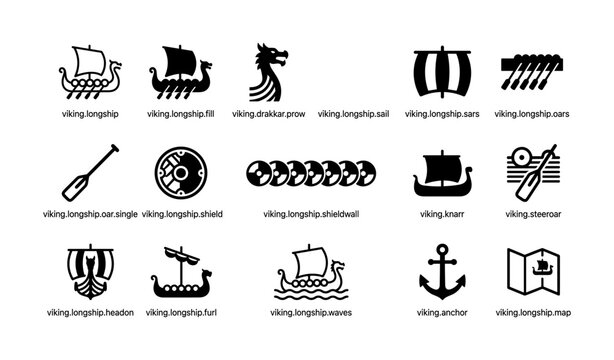Viking longship and maritime icons arranged on white background