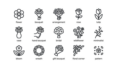 Fototapeta premium Floral icon set showing bouquets and flower types on white background