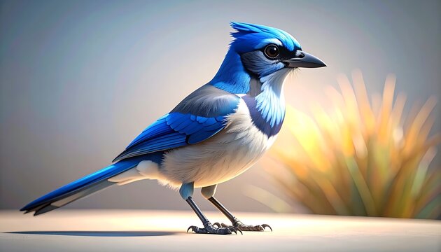 Detailed blue jay bird standing on a surface with soft natural background, wildlife portrait, vibrant colors