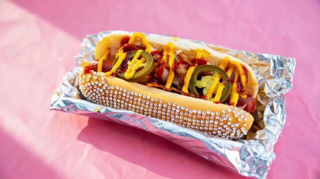 Bacon jalape&ntilde;o cheese dog presented as gourmet concession stand food, elevated stadium food concept, novelty fast food marketing, pop-art food photography, kitsch culinary aesthetic