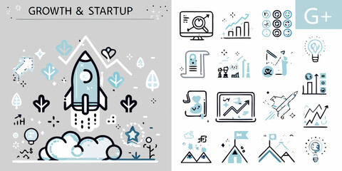 Growth and startup themed vector illustration with rocket cloud and arrow icons on gray background high quality professional © Rabindrabath