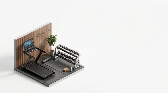 Modern home gym equipment with treadmill and dumbbells on white background