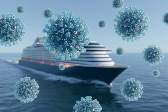 Cruise Ship Pandemic Concept with 3D Virus Molecules in Ocean Scene