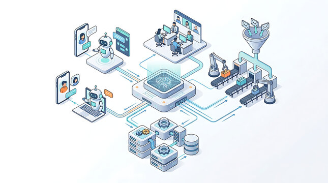 AI multi agent system for financial fraud detection showing transaction monitoring anomaly detection nodes secure data flow channels and centralized control hub in clean isometric fintech illustration