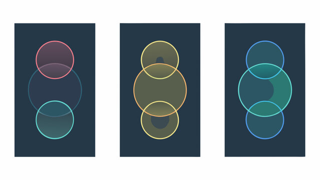 abstract overlapping circles a set of three colorful geometric compositions on dark backgrounds high quality professional detailed modern