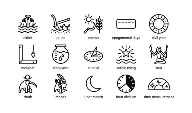 Egyptian calendar symbols arranged in a grid on white background