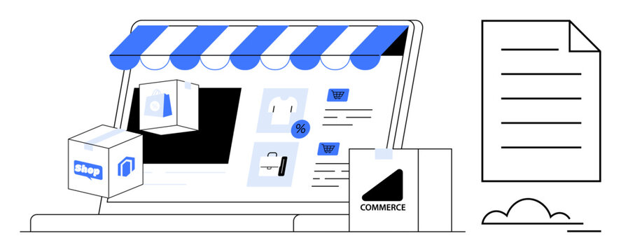 Online shopping, digital storefronts, e-commerce businesses, online retail, product delivery, secure transactions. Laptop with store interface, shopping boxes document icon. Online shopping