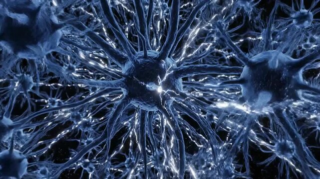 This captivating showcases a neural network with glowing blue connections and a bright central node, providing a stunning visual representation of complex digital interactions and brain-like
