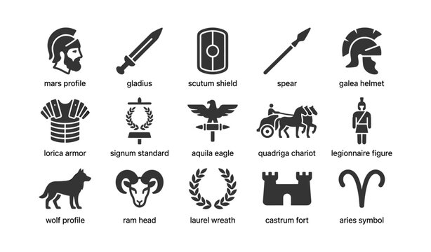 Roman military symbols arranged in a grid on white background