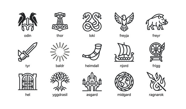 Norse mythology icons depicting gods and symbols on white background