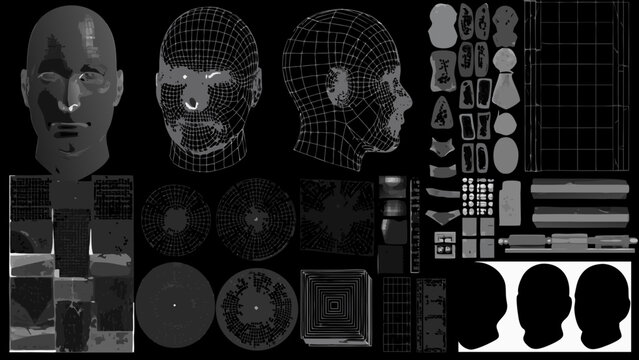 3d rendered human head wireframe kit with textures and unfolded uv maps on black background high quality professional
