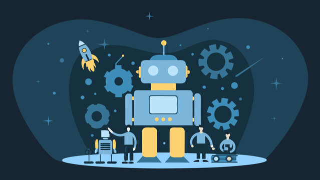 vector illustration of a robot with gears and people futuristic technology and space exploration concept high quality professional