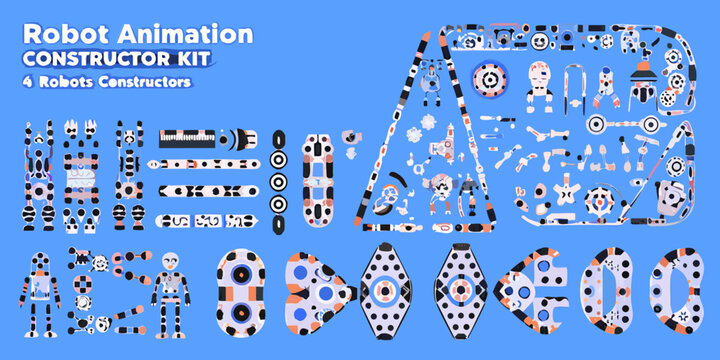robot animation constructor kit with various parts and components on a blue background high quality professional detailed modern