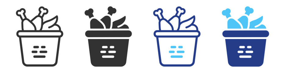 Fried chicken bucket food icons with takeaway poultry and fast food symbols on transparent background © TanyaK