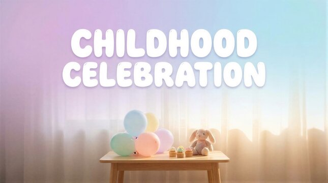 Childhood celebration with banner text above table featuring colorful balloons, plush toy, and cupcake. Festive party setup for International Children day, kids birthday party event.