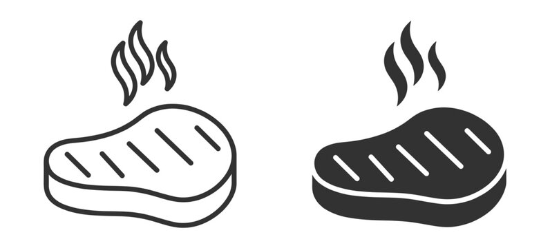Steak outline and glyph grilled meat food icons with barbecue symbols on transparent background