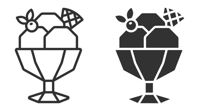 Ice cream sundae outline and glyph dessert food icons with fruit and waffle symbols on transparent background