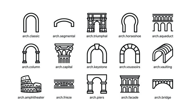 Arch icons arranged and labeled on white grid background