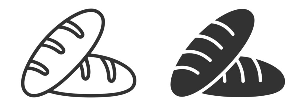 Bread loaf outline and glyph bakery food icons with baguette symbols on transparent background