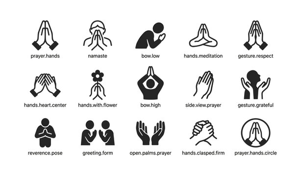 Various praying hands and greeting gesture icons on white