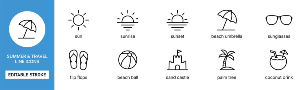 summer beach travel icon line style vacation editable stroke vector set