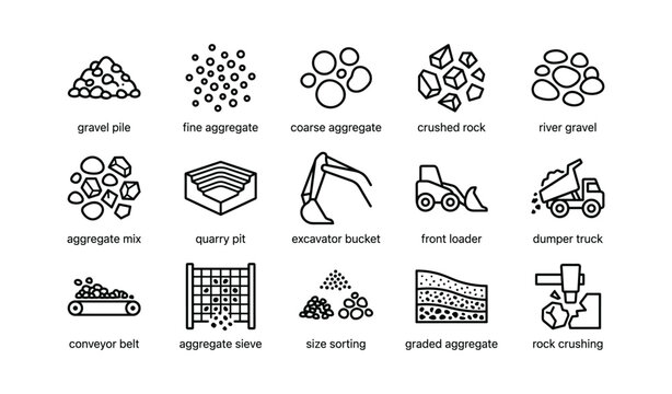 Quarry aggregate and equipment icons arranged in grid on white