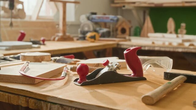 Close-up view of hand plane with red handles next to hammer and carpentry tools on wooden workbench in sunlit workshop