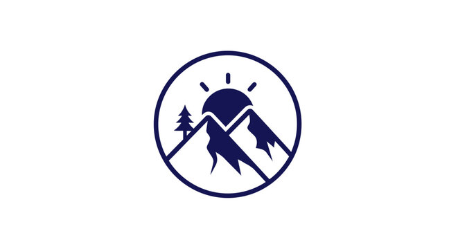 Minimalist mountain logo design featuring a sun, tree, and mountain range illustration