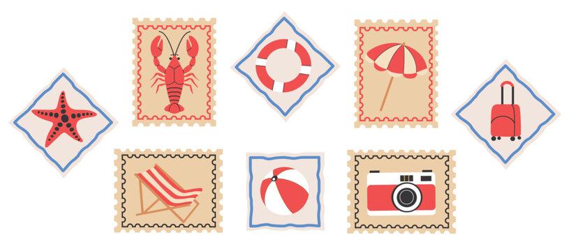Set of summer vacation postage stamps and travel stickers with scalloped edges. Vector illustrations featuring sea life, beach accessories, lobster, starfish, camera, and suitcase in flat retro style.