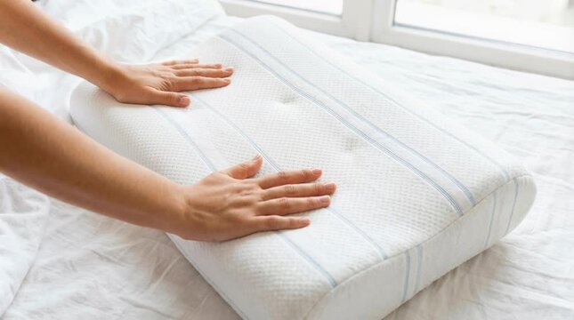 A person places both hands on a memory pillow to smooth it out and shape it. This happens in a sunny bedroom in the morning. Soft light comes through the window. The pillow looks fresh