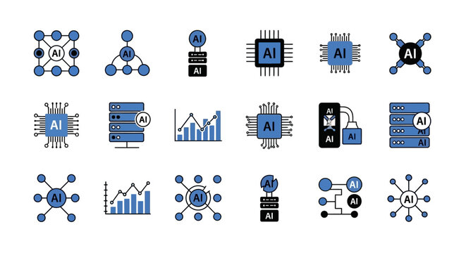 A collection of AI icons showing data analysis and server infrastructure in a flat design