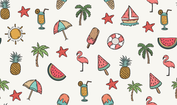 Summer doodle pattern with beach items and sunny elements on white background	
