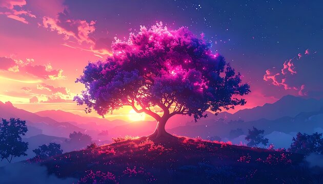 Enchanting pixel art tree with glowing pink blossoms on a hill at sunset, bathed in warm light, dreamlike fantasy landscape, vibrant clouds, magical atmosphere