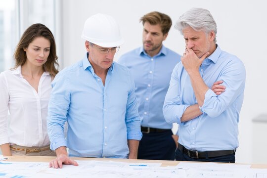 Group of professionals analyzing architectural plans on a table in a bright office space, featuring a man in a hard hat, two men in blue shirts, and a woman in a white blouse