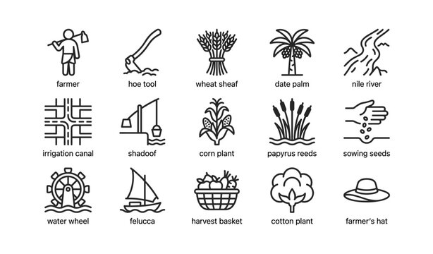 Ancient egyptian farming icons showing tools crops and irrigation