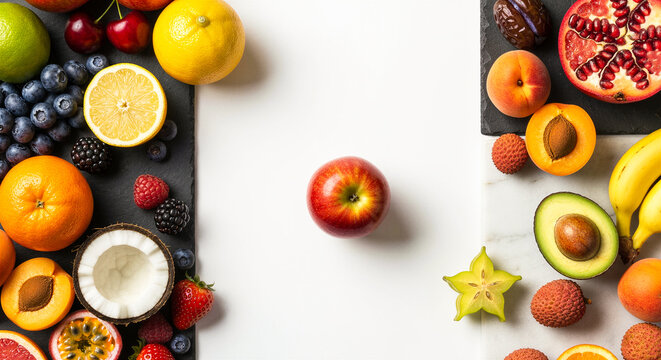 Obst Hintergrund mit Apfel im Zentrum und frischen Fr&uuml;chten als Rahmen, Draufsicht mit Copy Space