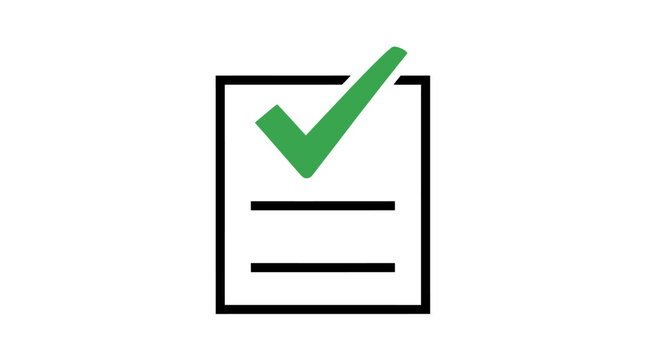 Icon of a checklist, green check mark over a document with lines, white background