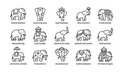 Fototapeta premium Elephant icons depicting festival decorations on white sheet