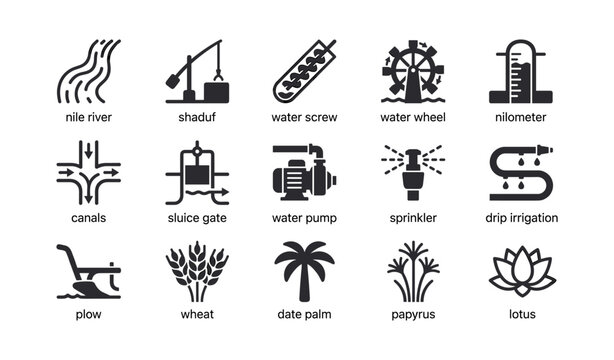 Agriculture and irrigation icons showing nile tools and plants