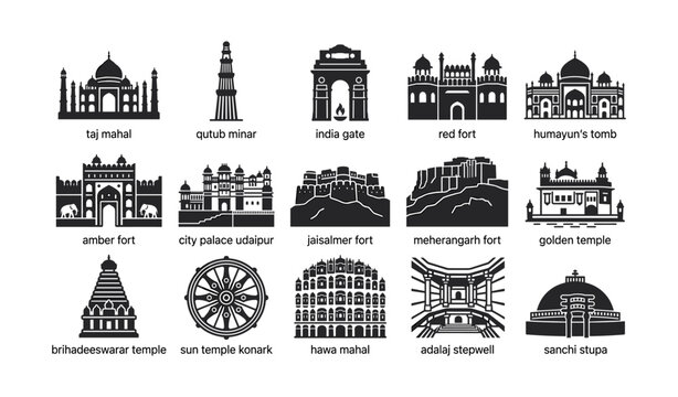 Indian landmarks icons arranged in rows on white background