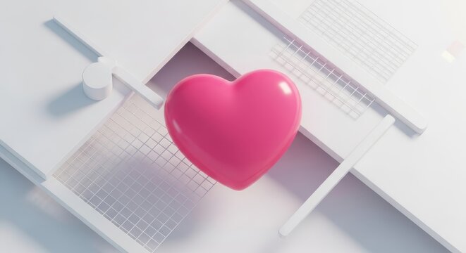 Pink heart balloon floating over laptop