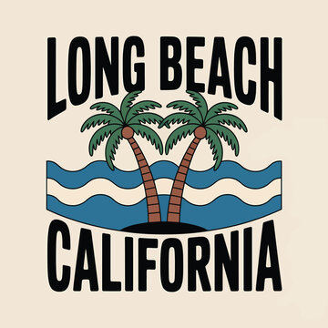 Coastal graphic art featuring Long Beach California, capturing the essence of a beach paradise with stylized palms and ocean waves in a clean, retro design ideal for branding.