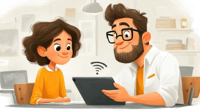 Teacher handing a tablet to student, digital wifi connection waves linking them, smart classroom integration concept 