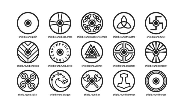 Round shield icons showing decorative motifs and symbols on white