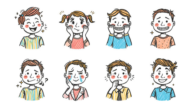 Expressions of Emotions: A colorful illustration showcasing eight different facial expressions of children, each depicting a unique emotion such as joy, sadness, surprise, and pain.