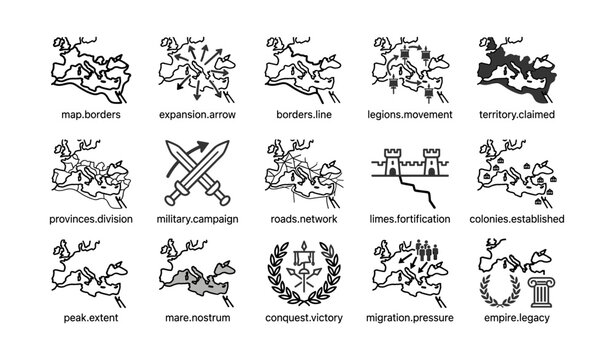 Historical map icons showing expansion movement and claimed territory