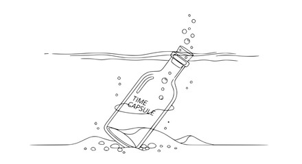 Time Capsule Bottle Floating Underwater, Message in a Bottle Concept, Line Art © chici