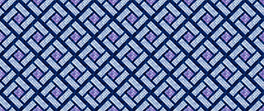 Geometric opus tessellatum mosaic seamless pattern. Vector antique lilac tile ornament with swirl labyrinth design for luxury Mediterranean interior.
